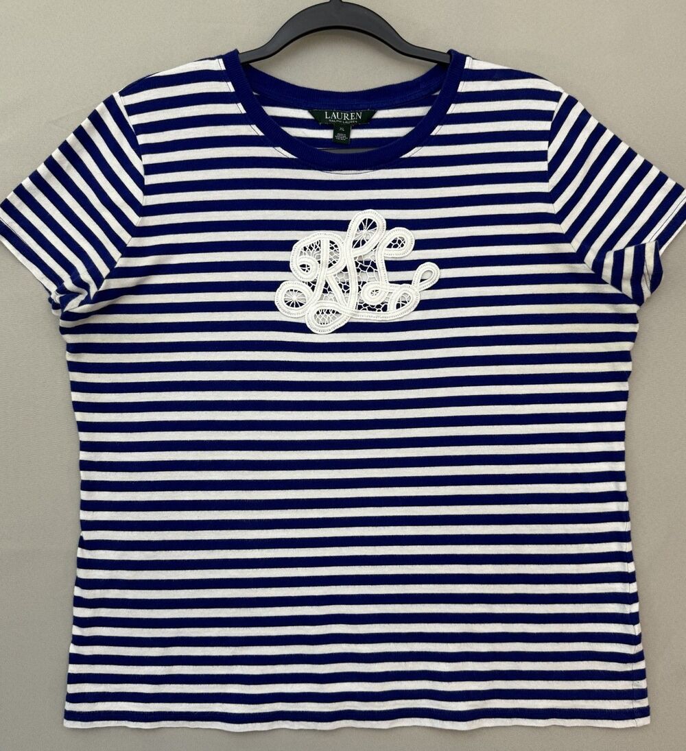 Lauren Ralph Lauren Shirt Women's XL Blue White Striped Lace LRL Logo Tee Cotton